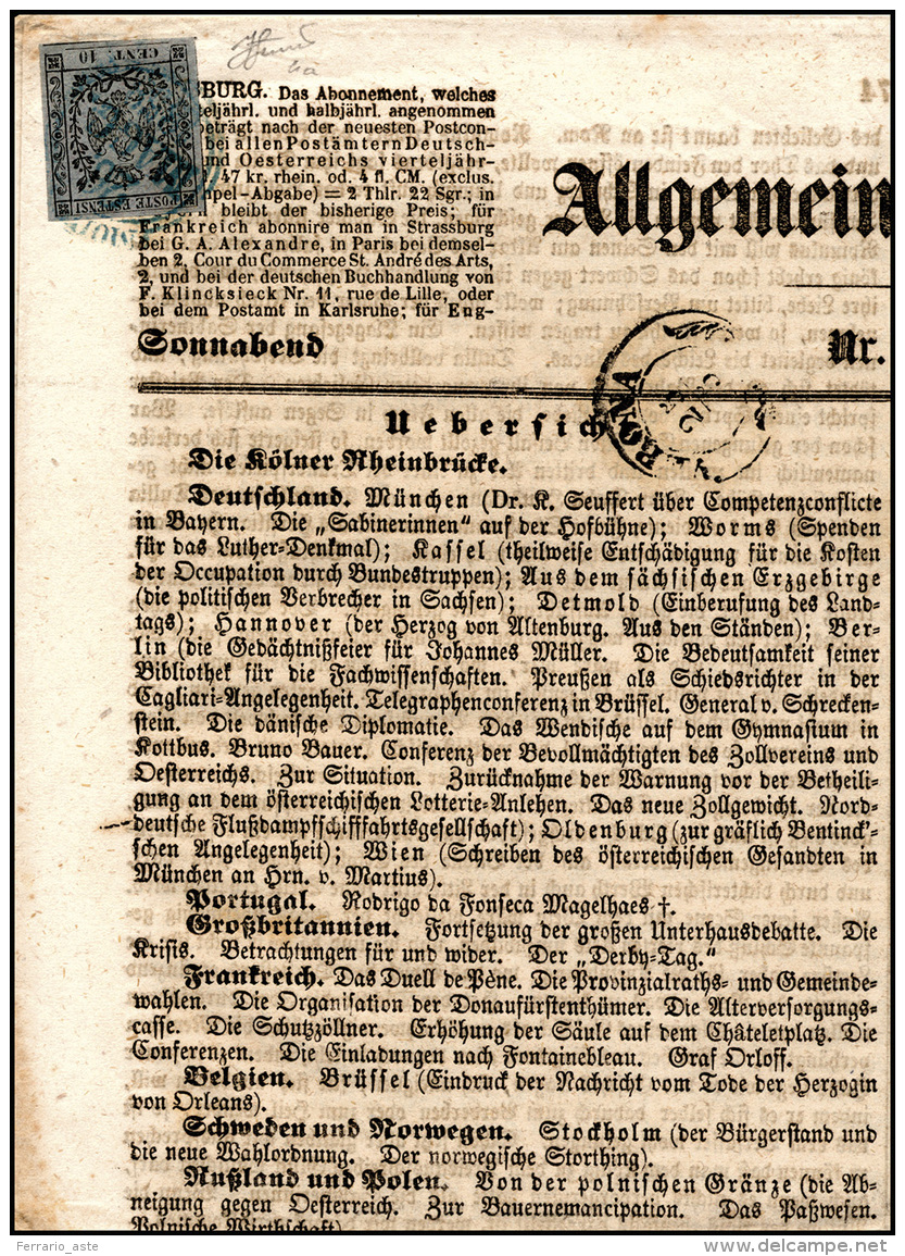 1858 - 10 Cent. Grigio (4a), Perfetto, Su Giornale Allgemeine Zeitung Del 22/5/1858, Transito Di Ver... - Modène