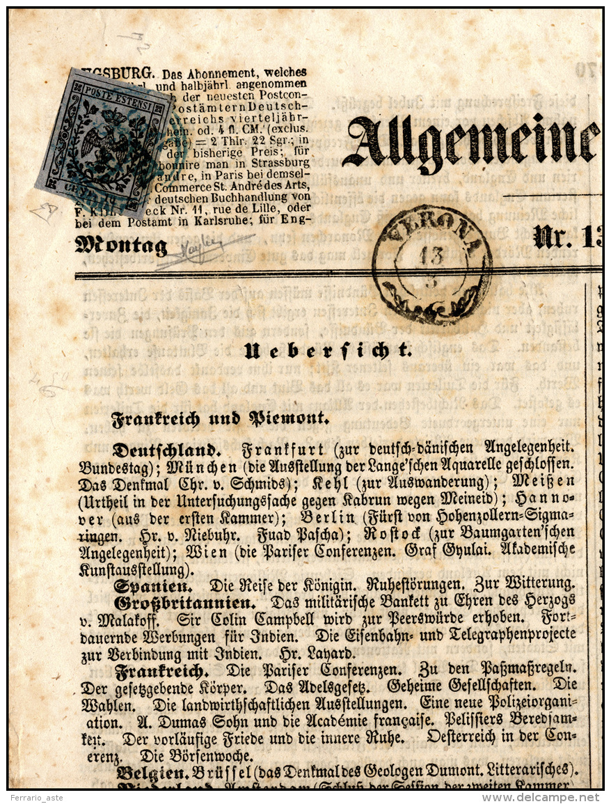 1858 - 10 Cent. Grigio Lillaceo (4), Perfetto, Annullato In Arrivo A Modena 14/5/1858 Su Copia Del G... - Modène