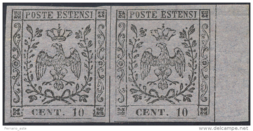 1857 - 10 Cent. Grigio Lillaceo (4), Coppia Bordo Di Foglio, Gomma Originale Integra, Perfetti. Sple... - Modène