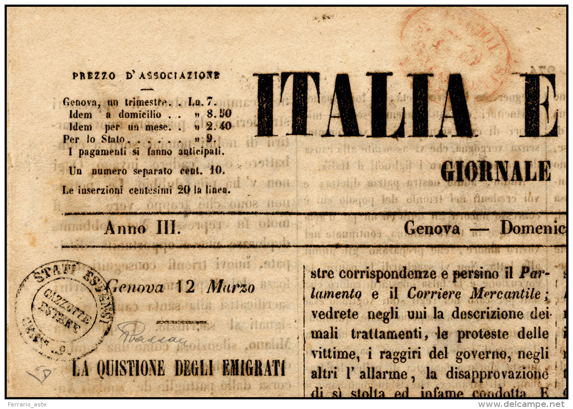 1853 - 9 Cent. Bollo "Gazzette Estere" (B1), In Arrivo Su Prima Pagina Del Giornale "Italia E Popolo... - Modène