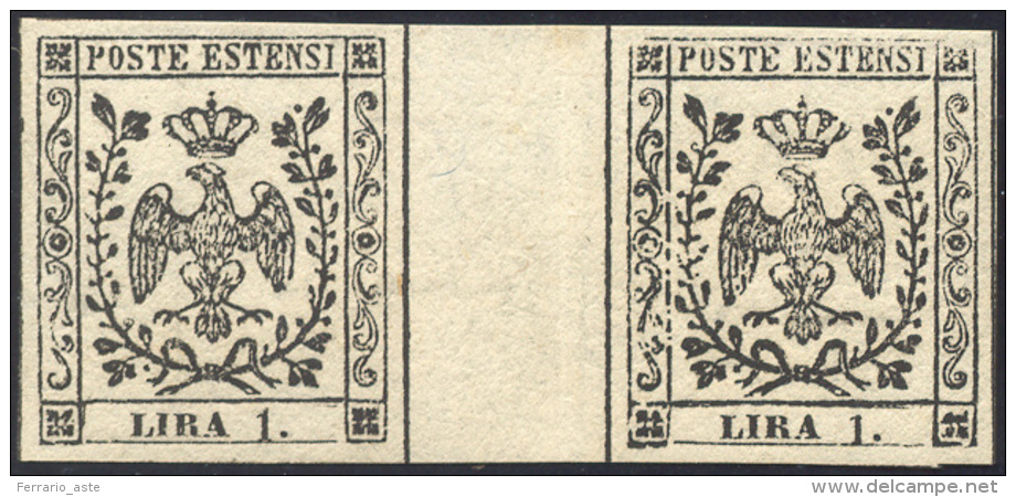 1853 - 1 Lira Bianco (11), Coppia Orizzontale Con Interspazio Di Gruppo, Gomma Originale Integra, Pe... - Modène