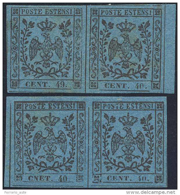 1854 - 40 Cent. Azzurro Scuro, II Emissione, Coppia, Un Esemplare Con Variet&agrave;&nbsp; "CENT. 49", Perfetta,... - Modène