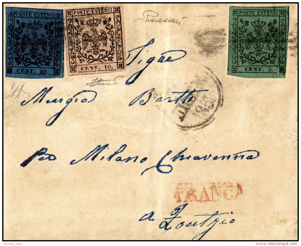 1858 - 5 Cent. Verde, 10 Cent. Rosa, 40 Cent. Azzurro Scuro (7,9,10), Perfetti, Su Sovracoperta Di L... - Modène