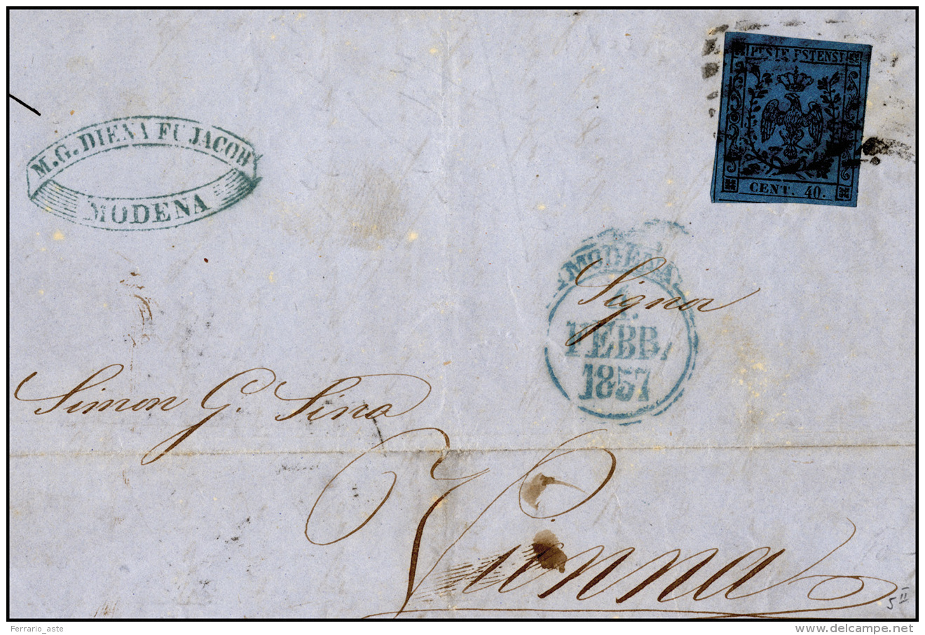 1857 - 40 Cent. Azzurro Scuro, II Emissione (10), Perfetto, Su Sovracoperta Di Lettera Da Modena 4/2... - Modène