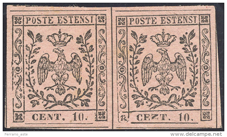 1854 - 10 Cent. Rosa, II Emissione, Coppia, Un Esemplare Con "N" Coricata (9i,9), Gomma Originale, P... - Modène