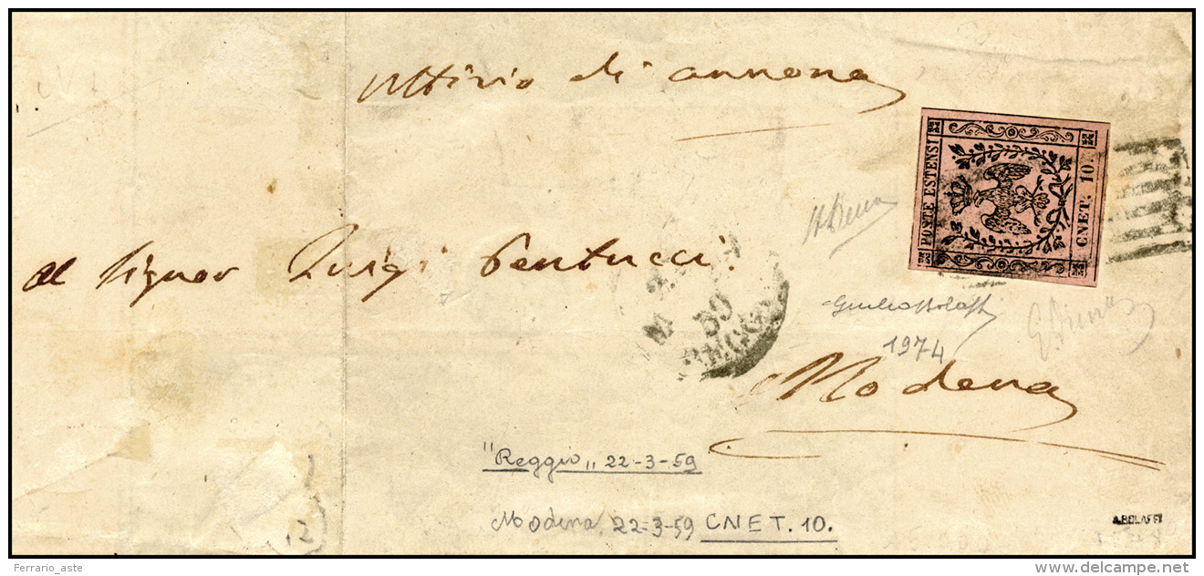 1859 - 10 Cent. Rosa, II Emissione, Lettere Invertite "CNET.10" (9h), Perfetto, Isolato Su Sovracope... - Modène