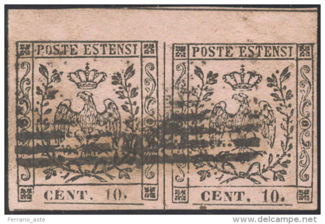 1854 - 10 Cent. Rosa, II Emissione (9), Coppia Bordo Di Foglio, Usata, Perfetta. Molto Bella! A.Dien... - Modène