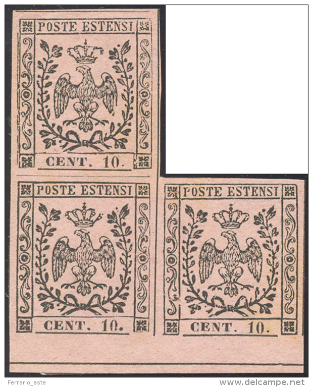 1854 - 10 Cent. Rosa, II Emissione (9), Blocco Di Tre Esemplari, Interspazio Di Gruppo In Basso, Gom... - Modène