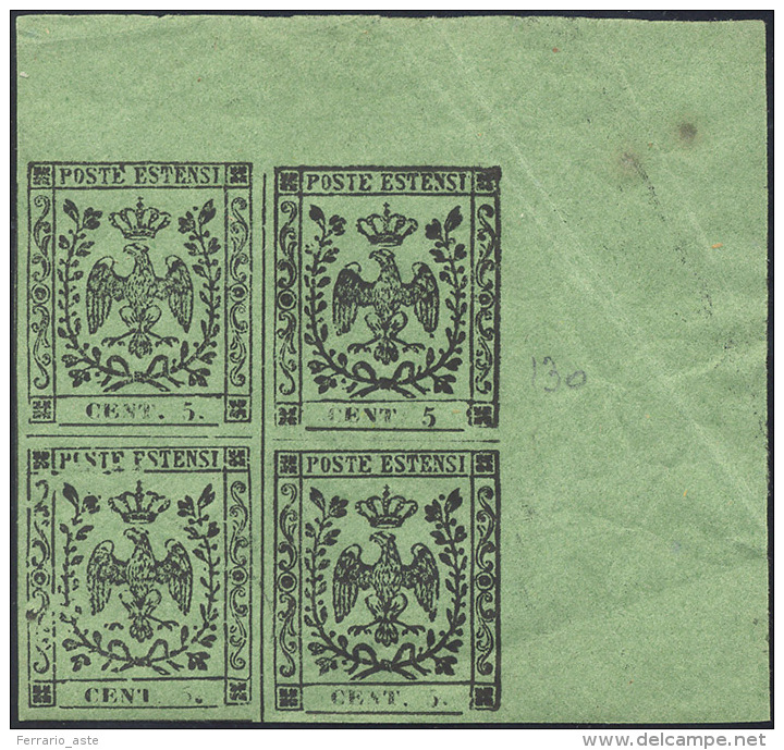 1852 - 5 Cent. Verde Oliva, Blocco Di Quattro Angolo Di Foglio, Un Esemplare Senza Punto Dopo Cent.,... - Modène