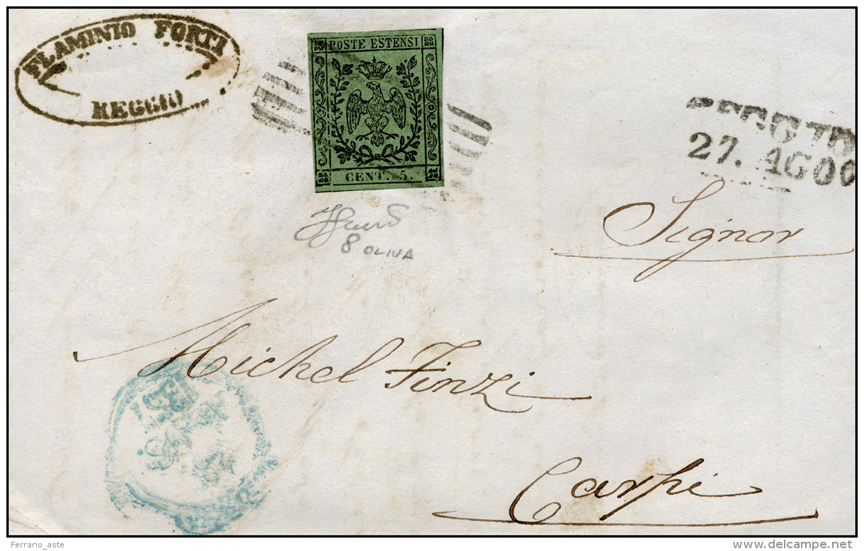 1857 - 5 Cent. Verde Oliva (8), Perfetto, Su Lettera Da Reggio 27/8/1857 A Carpi. Ferrario. ... - Modène