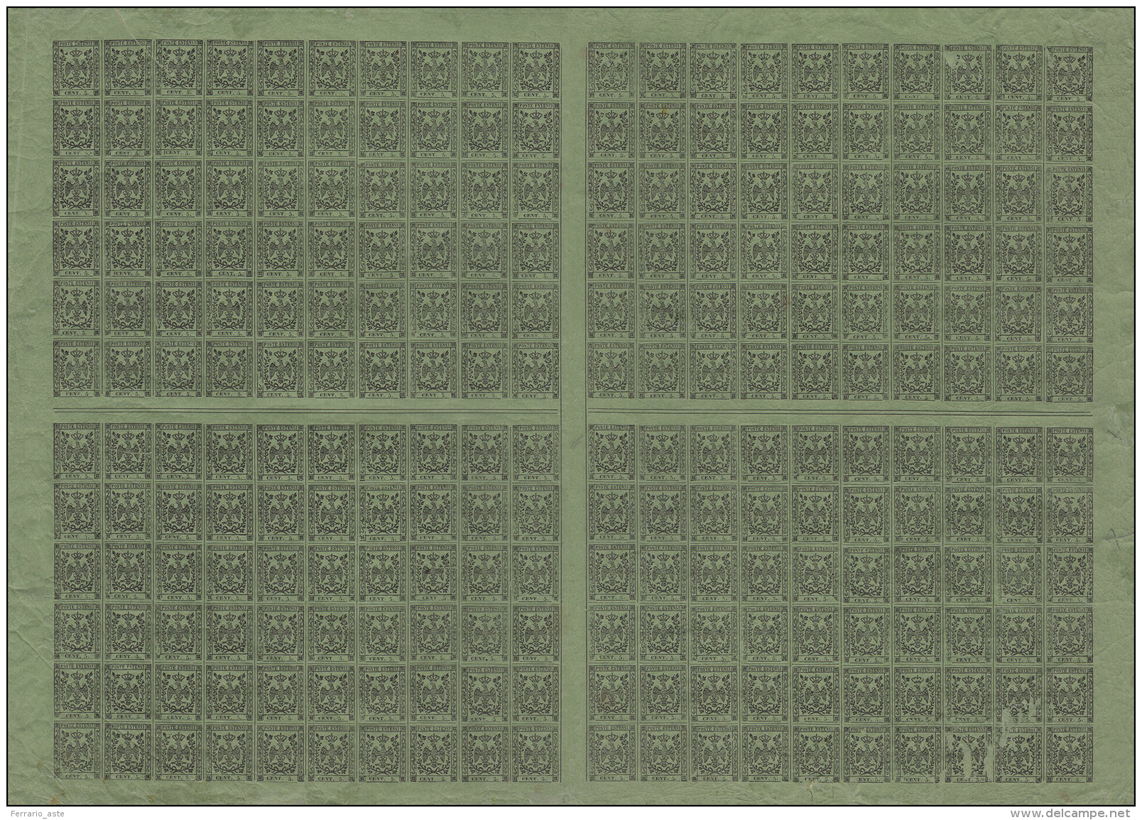 1855 - 5 Cent. Verde Oliva, Con Punto Dopo La Cifra, Seconda Emissione (8), Foglio Di 240 Esemplari,... - Modène
