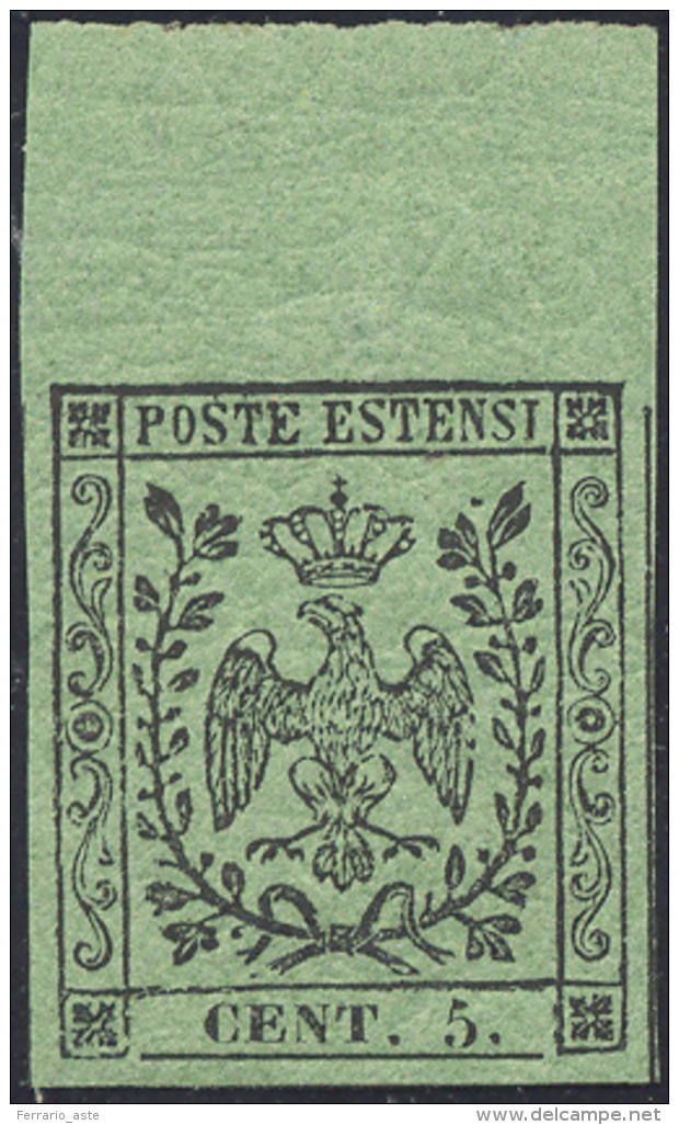 1855 - 5 Cent. Verde Oliva (8), Bordo Di Foglio In Alto, Gomma Originale Integra, Perfetto. Splendid... - Modène
