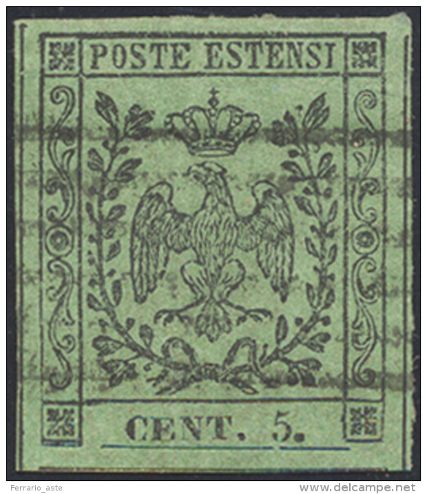 1852 - 5 Cent. Verde, II Emissione, Variet&agrave;&nbsp; Punto Grosso Dopo "5" (7), Usato, Perfetto. Bella Varie... - Modena