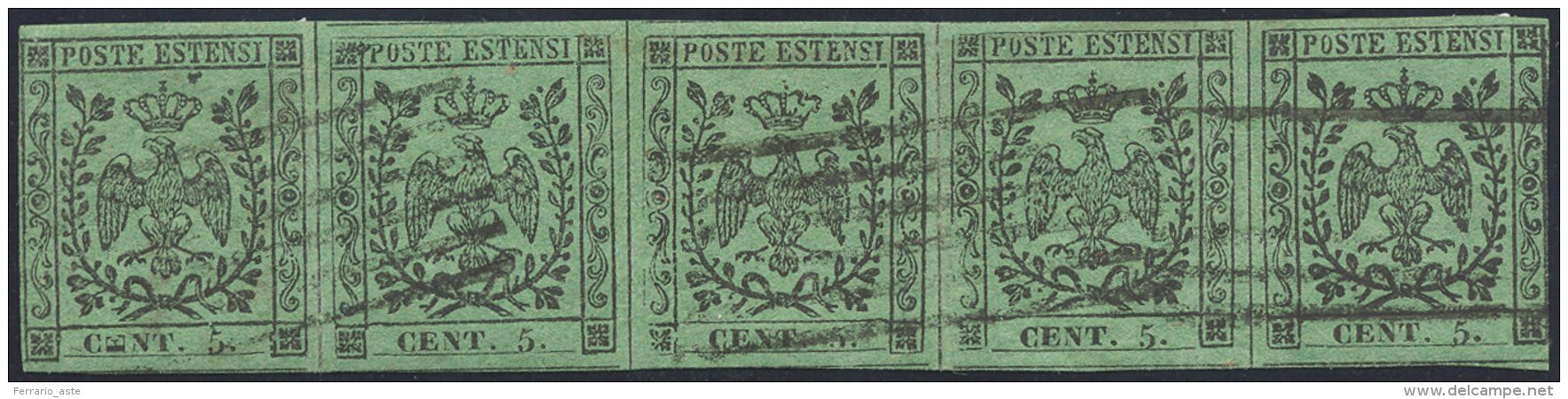 1852 - 5 Cent. Verde, Punto Dopo La Cifra, Striscia Orizzontale Di Cinque In Cui Il Primo Esemplare ... - Modène