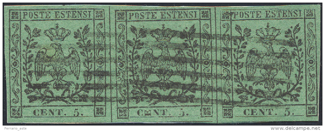 1852 - 5 Cent. Verde, II Emissione, Striscia Orizzontale Di Tre, L'esemplare Centrale Con "e" Di "ce... - Modena