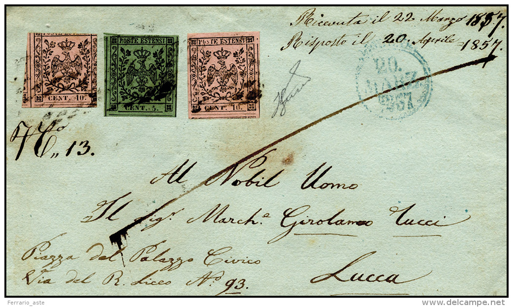 1857 - 5 Cent. Verde, Perfetto, E 10 Cent. Rosa (7,9), Un Esemplare Perfetto E Uno Corto, Su Sovraco... - Modène