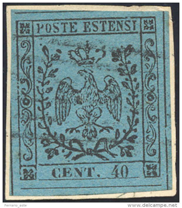 1852 - 40 Cent. Celeste (5), Usato Su Piccolo Frammento, Perfetto. Molto Bello! Giulio Bolaffi Per E... - Modène