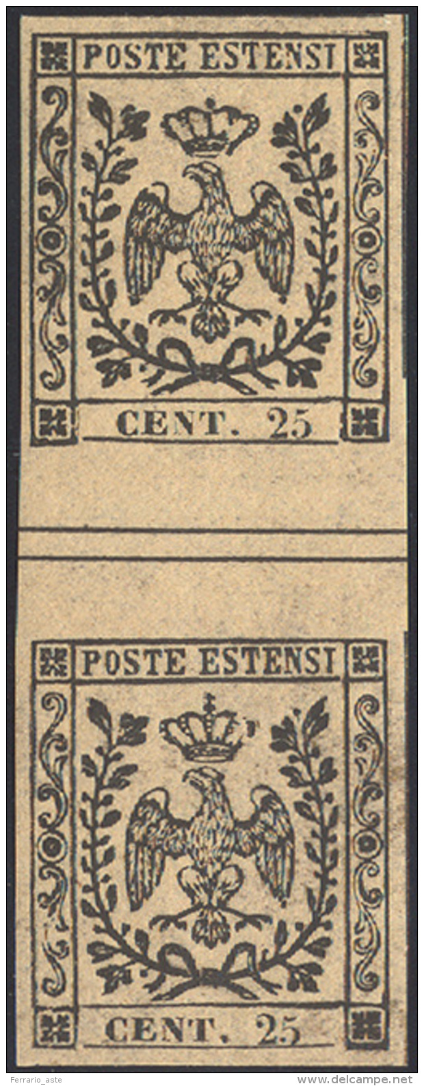 1852 - 25 Cent. Camoscio (4a), Coppia Verticale Con Interspazio Di Gruppo, Gomma Originale Integra, ... - Modène