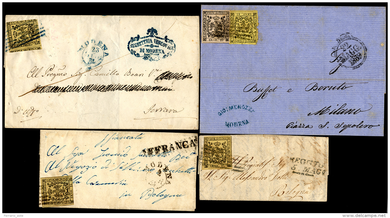 1854/59 - 15 Cent. Giallo (3), Tre  Lettere Con Francobollo Isolato, Una Con 25 Cent. (4), Qualit&agrave;&nbsp; ... - Modena