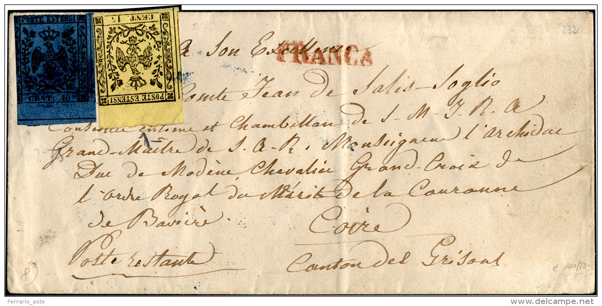 1854 - Lettera Da Modena Del 15 Ottobre 1854 Per Coira (CH) Affrancata Con 15 + 40 Cent. (3,6) In Ta... - Modène