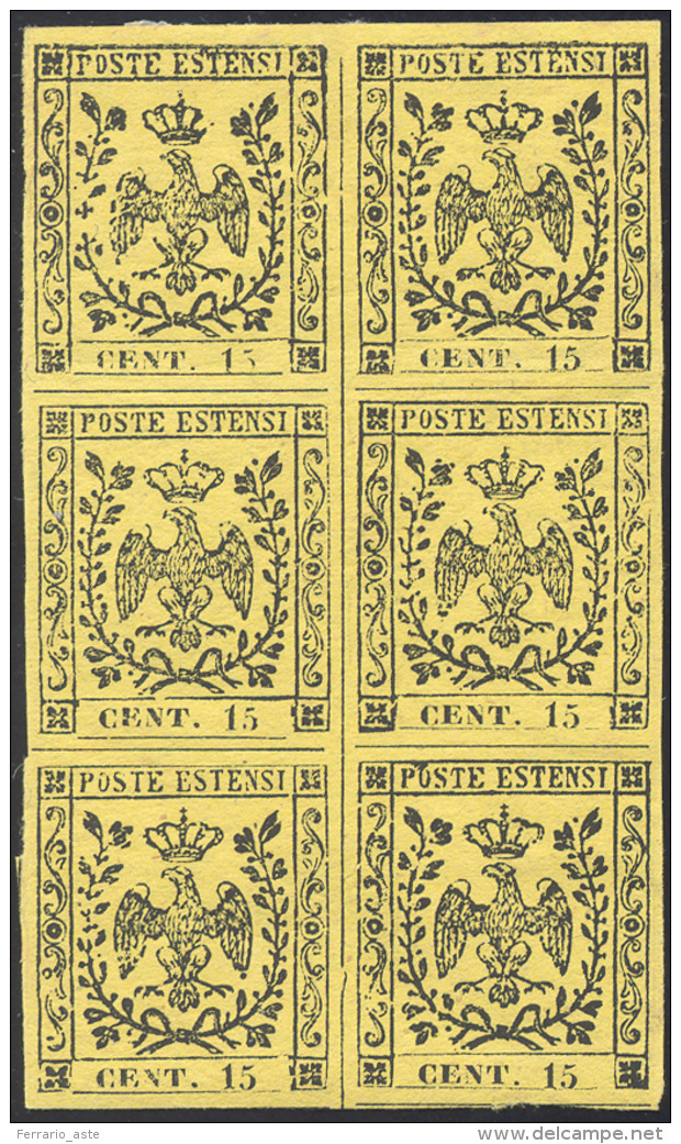 1852 - 15 Cent. Giallo (3), Blocco Di Sei Esemplari, Gomma Originale, Integra Per I Quattro Esemplar... - Modena