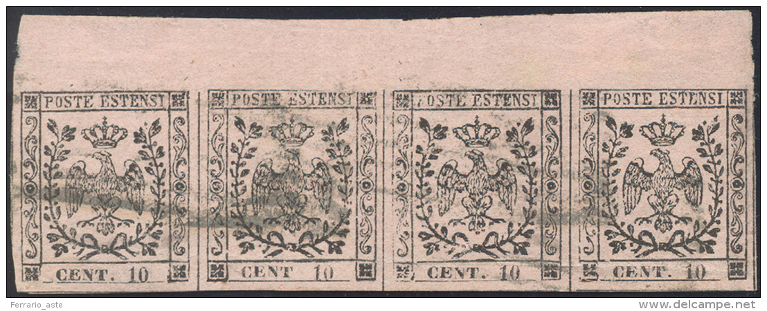 1852 - 10 Cent. Rosa Chiaro, I Emissione, Striscia Orizzontale Di Quattro, Bordo Di Foglio, Il Secon... - Modène