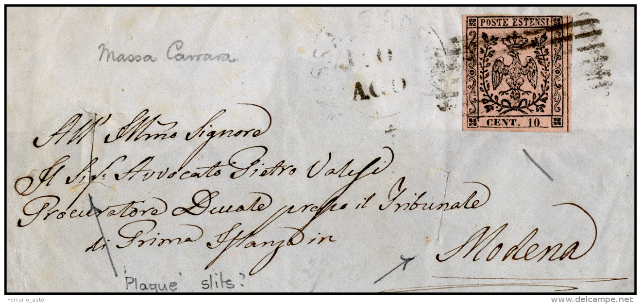 1852 - 10 Cent. Rosa Chiaro, I Emissione (2), Giusto In Alto, Su Frontespizio Di Lettera Da Massa Ca... - Modena