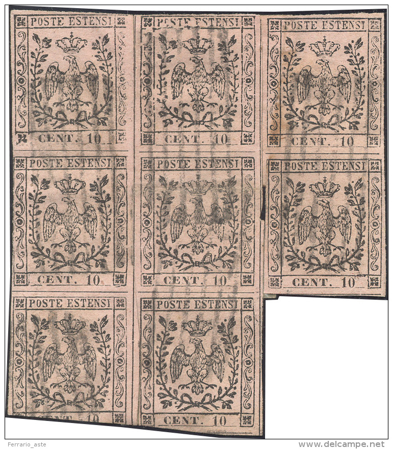 1852 - 10 Cent. Rosa Chiaro (2), Blocco Ricostruito Di Otto Esemplari, Difetti, Usato. Eccezionale E... - Modena