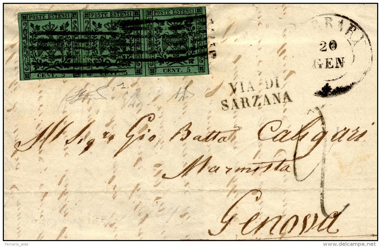 1855 - 5 Cent. Verde, I Emissione (1), Striscia Di Tre, Perfetta, Su Lettera Da Carrara 20/1/1855 A ... - Modène