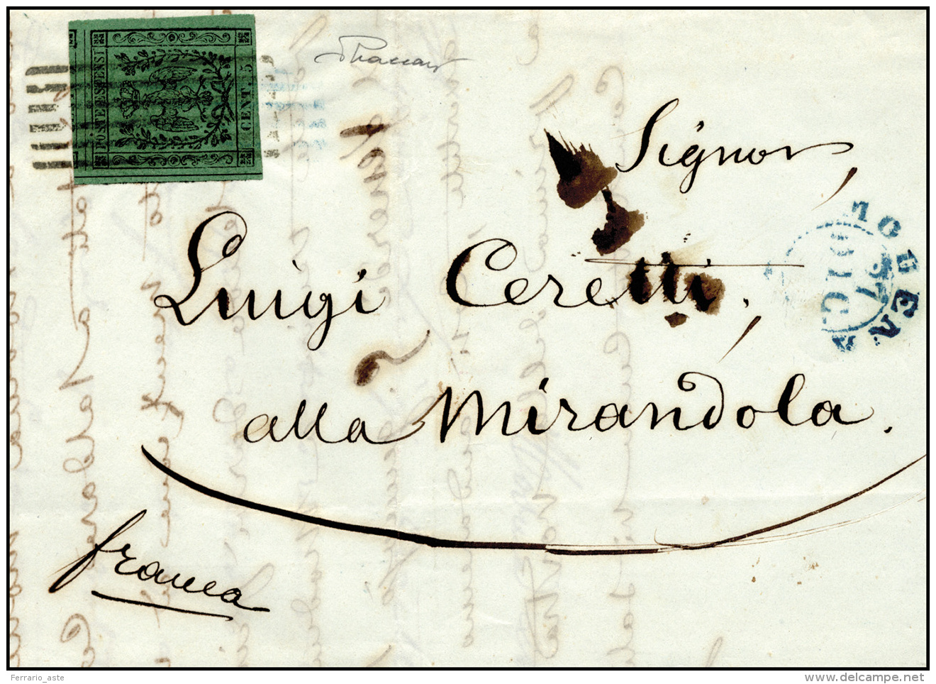 1854 - 5 Cent. Verde, I Emissione (1), Perfetto, Su Lettera Da Modena 27/12/1854 A Mirandola. Il Fra... - Modène