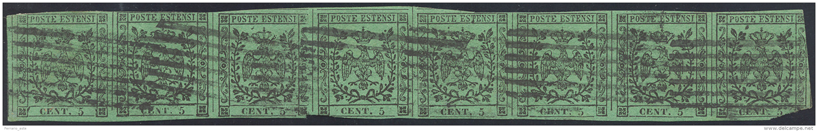 1852 - 5 Cent. Verde, I Emissione (1), Striscia Di Sette Usata. Difetti Di Marginatura, Ma Ecceziona... - Modène