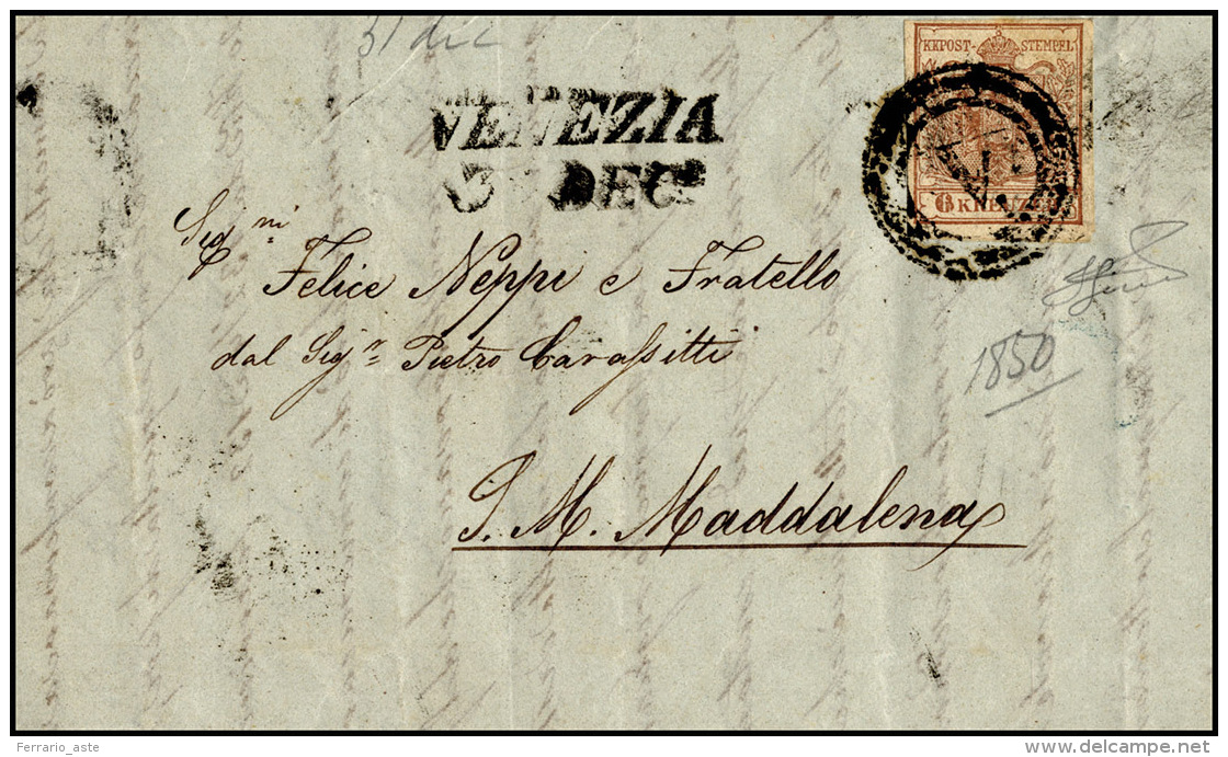 VENEZIA, Muto Su Austria, Punti 11 - 6 Kreuzer Bruno, Perfetto, Su Lettera Del 31/12/1850 Per S. Mar... - Lombardo-Vénétie