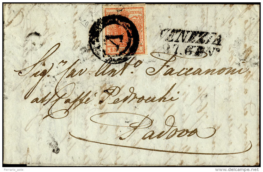 VENEZIA, Muto Punti 8 - 15 Cent. (3e), Perfetto, Su Lettera Del 27/1/1851 A Padova. Cert. Diena. ... - Lombardo-Vénétie