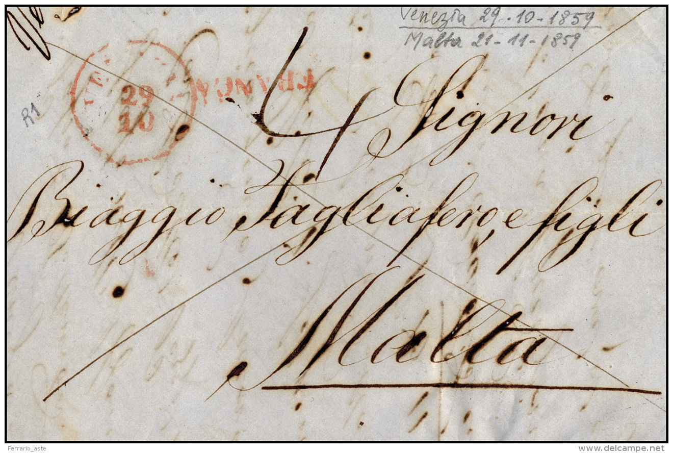 VENEZIA, C1 Rosso Punti R1 - Lettera Non Affrancata Del 29/10/1859 Per Malta, Segni Di Tassa Sul Fro... - Lombardo-Vénétie
