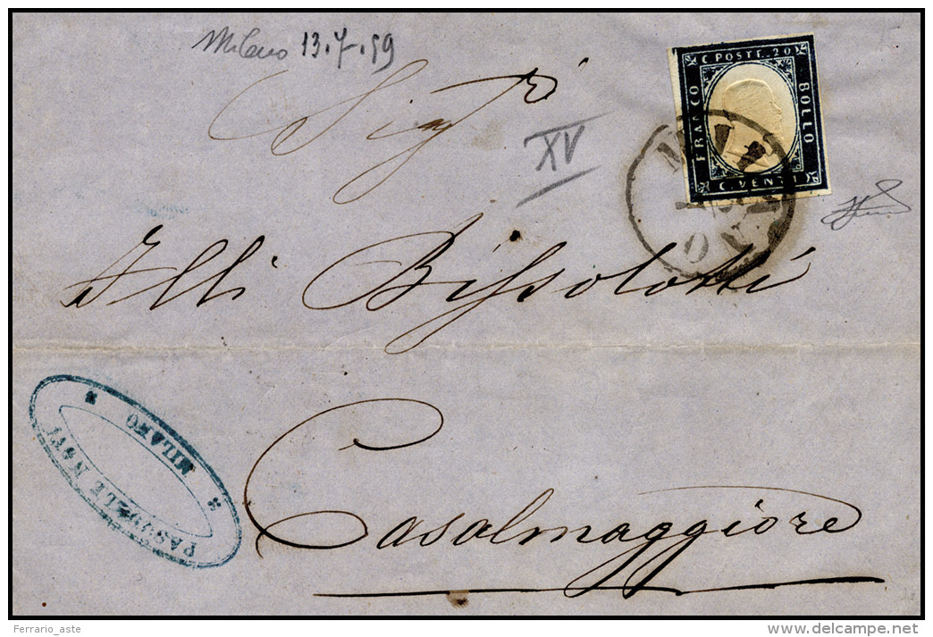 1859 - 20 Cent. Azzurro Scuro (C3), Perfetto, Su Sovracoperta Di Lettera Da Milano 13/7/1859 Per Cas... - Lombardo-Vénétie