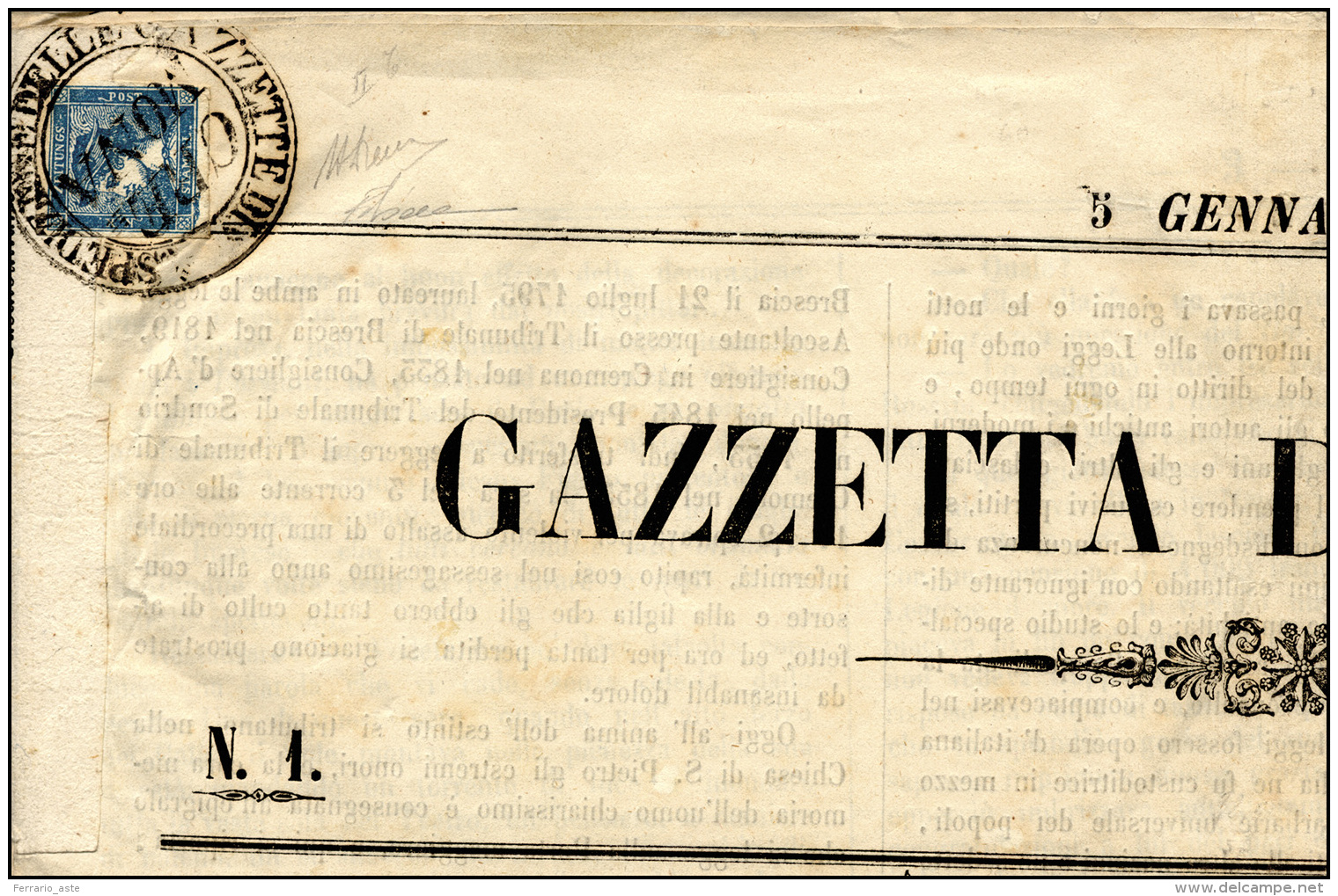 1856 - 3 Cent. Azzurro, Mercurio II Tipo (2), Perfetto, Su Giornale Completo "Gazzetta Di Cremona" D... - Lombardo-Vénétie