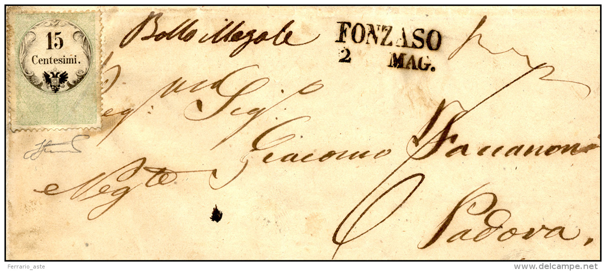 1858 - 15 Cent. Marca Da Bollo Calcografica (7), Ottimo Stato, Su Sovracoperta Di Lettera Da Fonzaso... - Lombardy-Venetia