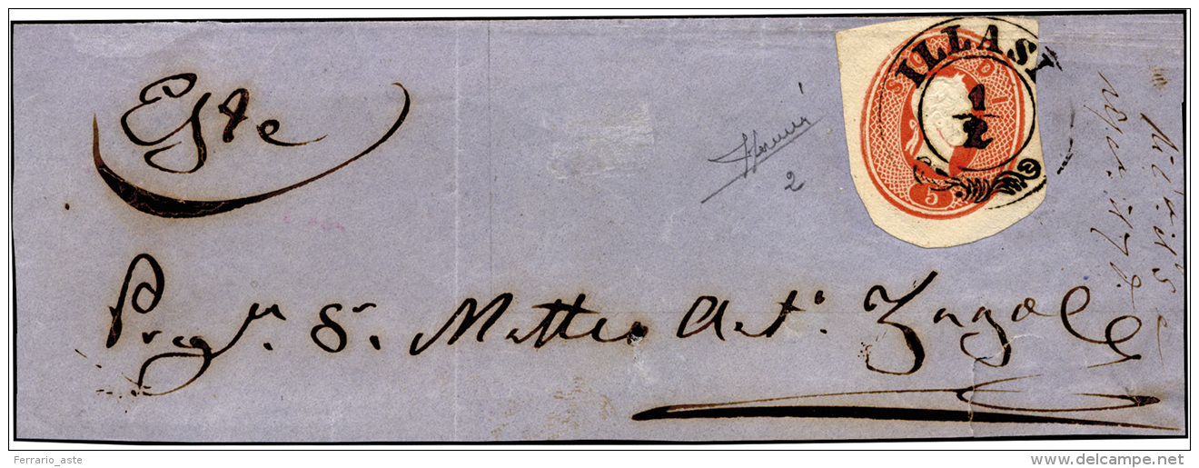 1861 - 5 Soldi Rosso, Ritaglio Di Intero Postale (2), Lieve Piega, Su Ampio Frammento Da Illasi 1/2 ... - Lombardo-Vénétie