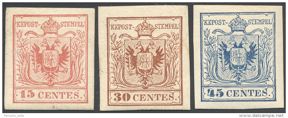 1866 - 15 Cent. Rosso, 30 Cent. Bruno, 45 Cent. Azzurro, Ristampe Del 1866 (R3/R5), Gomma Originale,... - Lombardo-Vénétie