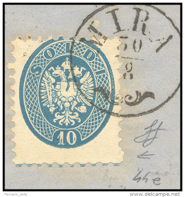 1864 - 10 Soldi Azzurro, Ultima Riga Del Foglio Con Parte Dell'inquadratura In Basso (44a), Perfetto... - Lombardo-Vénétie