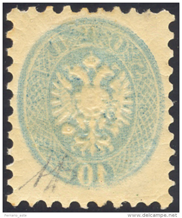 1864 - 10 Soldi Azzurro, Dent. 9 1/2, Stampa Decalcata Al Verso (44b), Gomma Originale Integra, Perf... - Lombardo-Vénétie