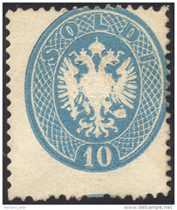 1863 - 10 Soldi Azzurro, Dent. 14 (39), Senza Gomma, Perfetto. Raro. G.Oliva, Cert. Ferrario. ... - Lombardy-Venetia