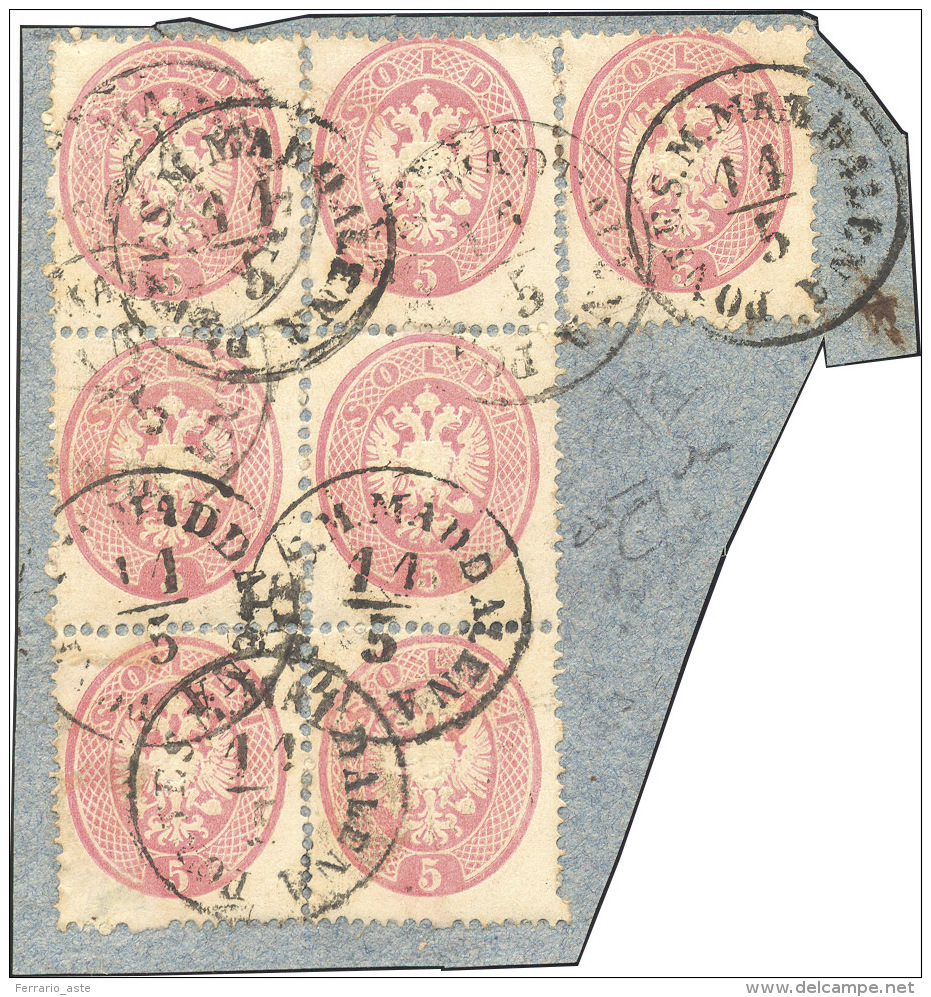 1863 - 5 Soldi Rosa, Dent. 14 (38), Eccezionale Blocco Di Sei Pi&ugrave; Un Esemplare Singolo, Su Framment... - Lombardo-Vénétie
