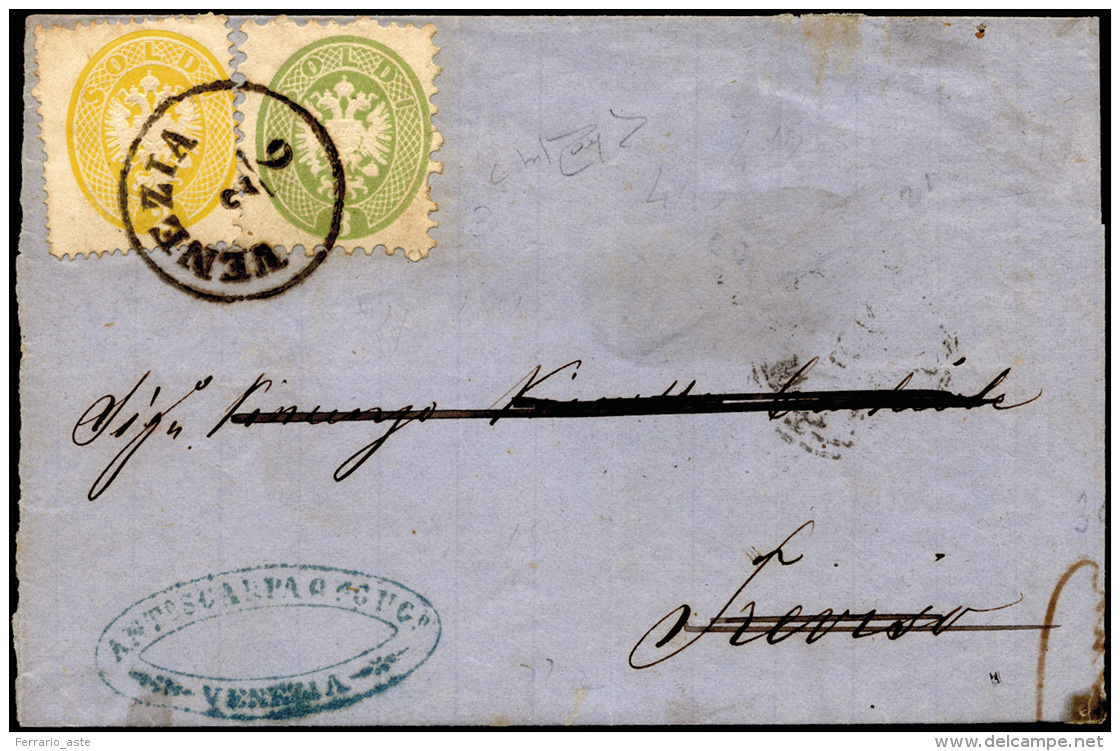 1864 - 2 Soldi Giallo, Dent. 14, 3 Soldi Verde, Dent. 9 1/2 (36,42), Perfetti, Su Sovracoperta Di Le... - Lombardo-Vénétie