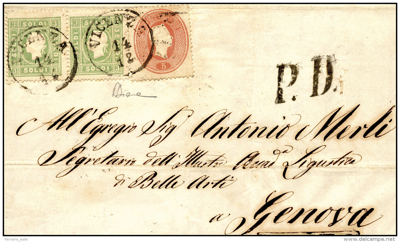 1862 - 3 Soldi Verde Giallo, Coppia Perfetta, 5 Soldi Rosso (35,33), Lieve Piega, Su Lettera Da Vice... - Lombardo-Venetien