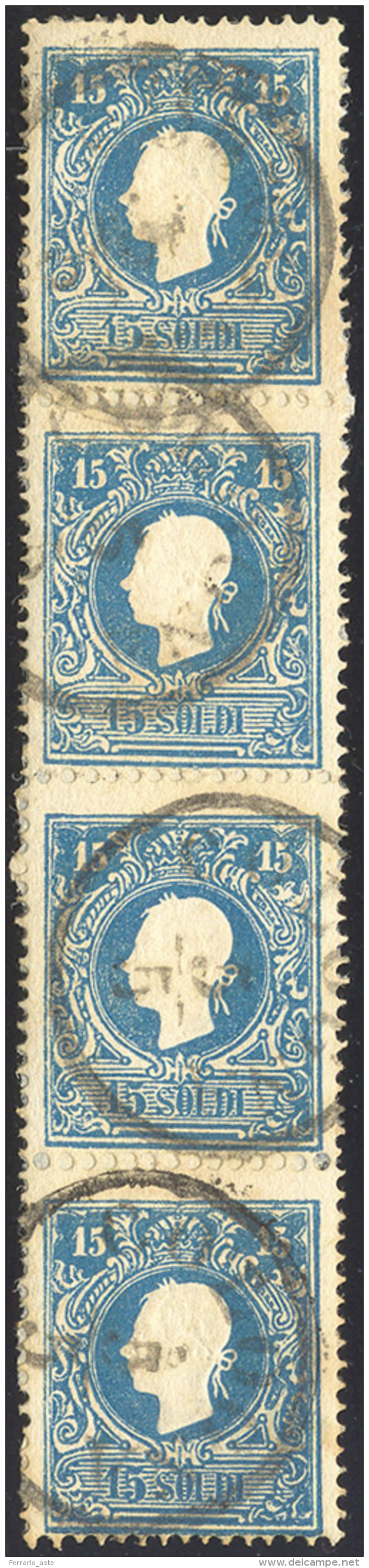 1859 - 15 Soldi Azzurro, II Tipo (32), Striscia Verticale Di Quattro, Usata A Codogno 3/5/1859 (peri... - Lombardo-Vénétie