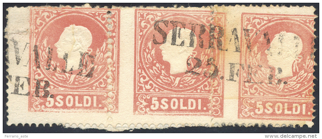 1859 - 5 Soldi Rosso II Tipo (30a), Striscia Orizzontale Di Tre Con Dentellatura Verticale Fortement... - Lombardo-Vénétie