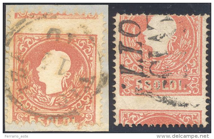 1859 - 5 Soldi Rosso, I Tipo (30), Due Esemplari Con Dentellatura Orizzontale Fortemente Spostata, U... - Lombardo-Vénétie