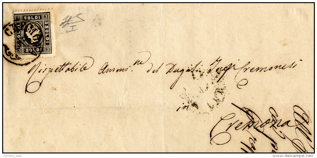 1859 - 3 Soldi Nero, I Tipo (24), Perfetto, Isolato Su Sovracoperta Di Lettera Da Cremona 8/3/1859 P... - Lombardo-Venetien