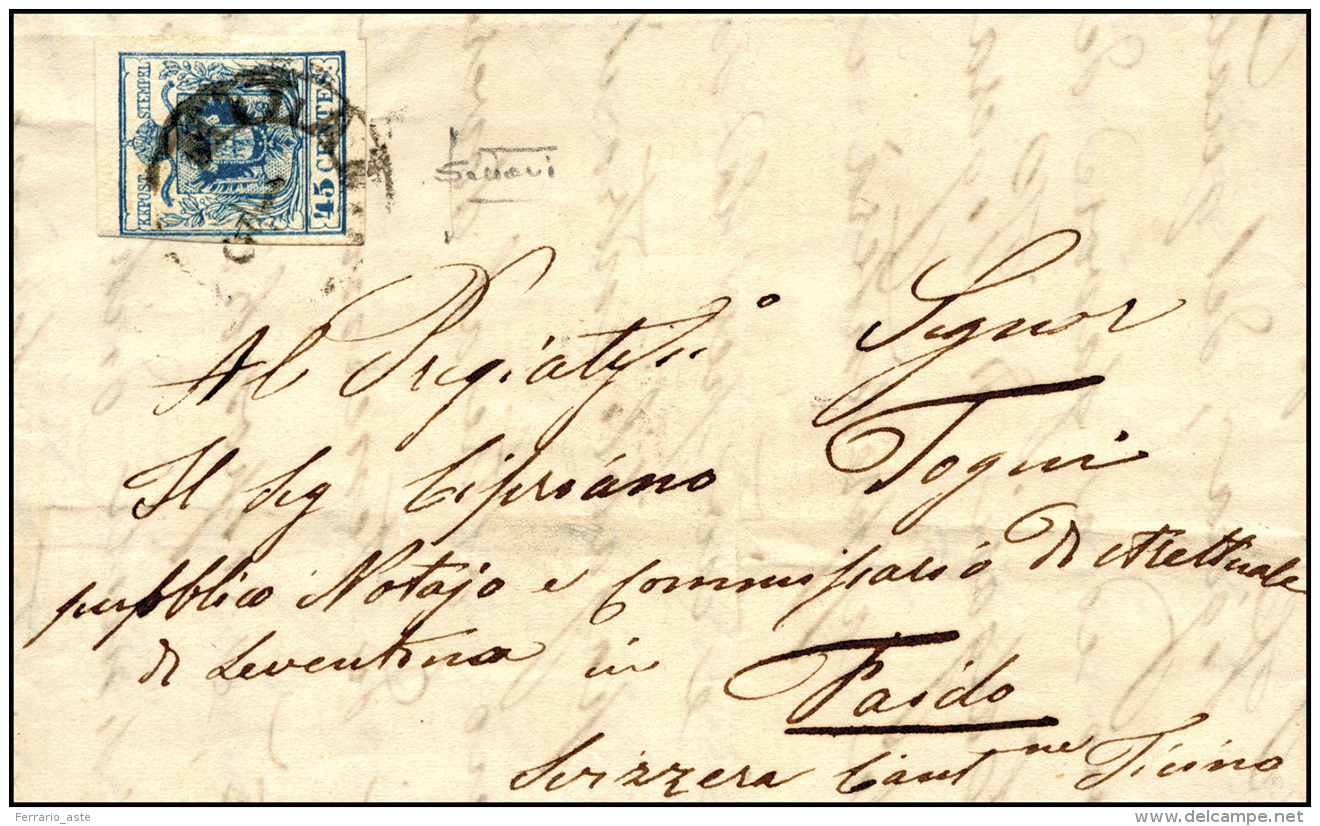 1858 - 45 Cent. Azzurro, III Tipo, Carta A Macchina (22), Perfetto, Su Lettera Da Milano 1/5/1858 A ... - Lombardo-Vénétie